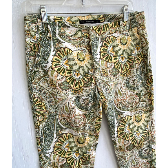 ZARA Green Floral Print Crop Pants Slim Leg Stretch Size 4 - Picture 2 of 4